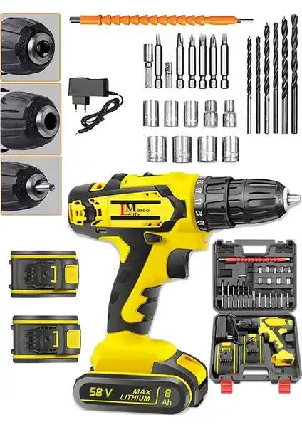 Marco Life Alman Teknoloji 58 V Çift Akülü Vidalama Matkap ve Yardımcı Seti