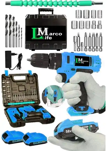 Marco Life Alman Teknoloji 58V 10AH Bakır Sargı Metal Şanzıman Çift Akülü Vidalama Matkap