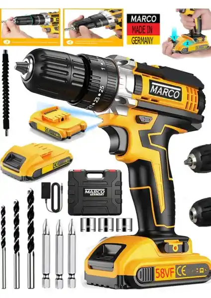 Marco Life Germany 58 V 12 Ah Çelik Şanzuman Bakır Sargılı Çift Akülü Şarjlı Matkap Seti
