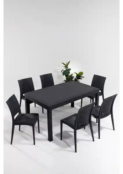 Mobetto Rattan 90x150 Bahçe ve Balkon İçin Modern Dış Mekan Masa Seti Antrasit