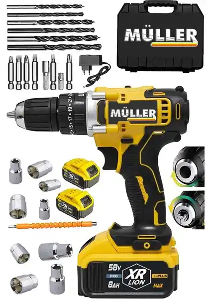 Müller Germany 58V 8Ah Çift Akülü Matkap Seti - Güçlü ve Dayanıklı Profesyonel Alet