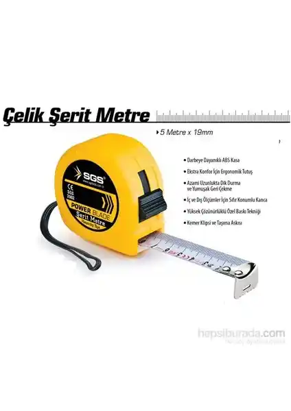 SGS Çelik Şerit Metre 5 Metre Dayanıklı ve Kullanışlı Profesyonel Ölçüm Aracı