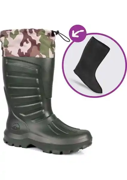 Sonimix Termal Eva Konçlu Kauçuk Çizme Haki Renkli Soğuk Havalara Uygun