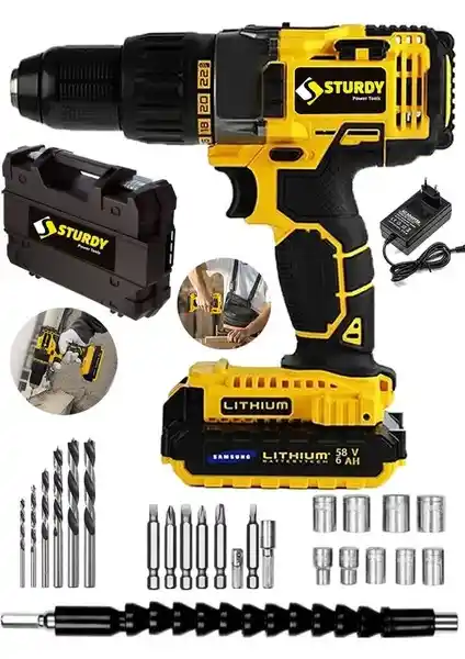 Sturdy 58VF 6mah Çift Lityum Akülü Vidalama: Yüksek Performanslı Profesyonel Matkap Seti