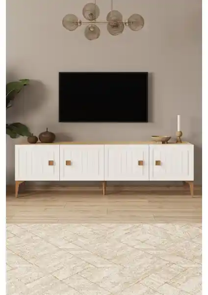 %100 MDF Beyaz TV Ünitesi 180 cm Aytaşı Detaylı Modern Tasarım