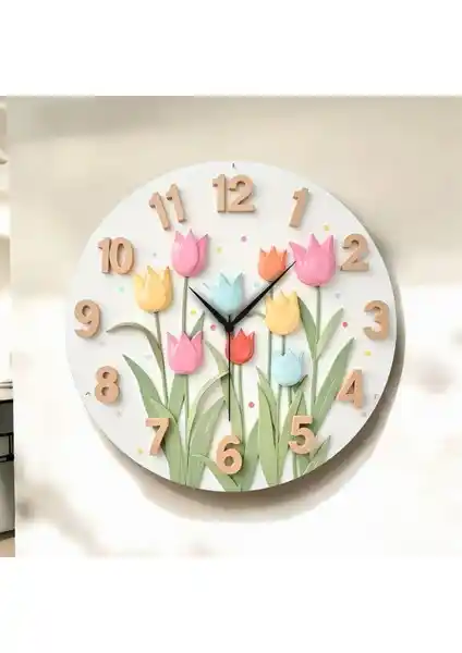 AA Shop Renkli Çiçek Desenli Ahşap Sessiz Duvar Saati Modern İç Mekan Dekoru İçin Uygun
