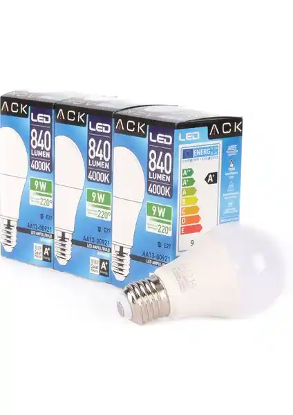 Ack 9W LED A60 Ampul 4000K Sıcak Beyaz Enerji Verimli ve Uzun Ömürlü Aydınlatma