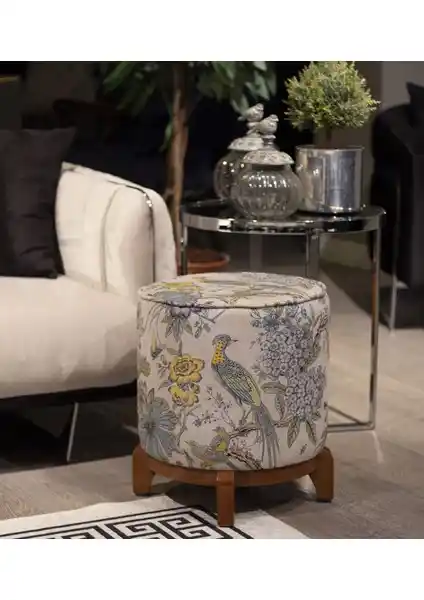 Adawall Home Sarı Kuş Detaylı Ahşap Ayaklı Puf - Estetik ve Fonksiyonellik Bir Arada