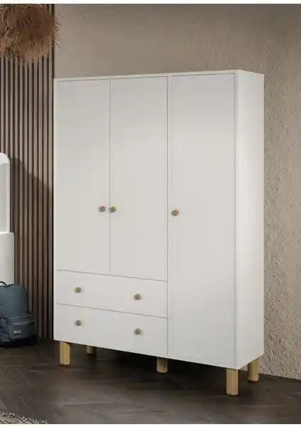 Afilli Bohem Beyaz 3 Kapaklı 2 Çekmeceli MDF Dolap Modern ve Dayanıklı Tasarım