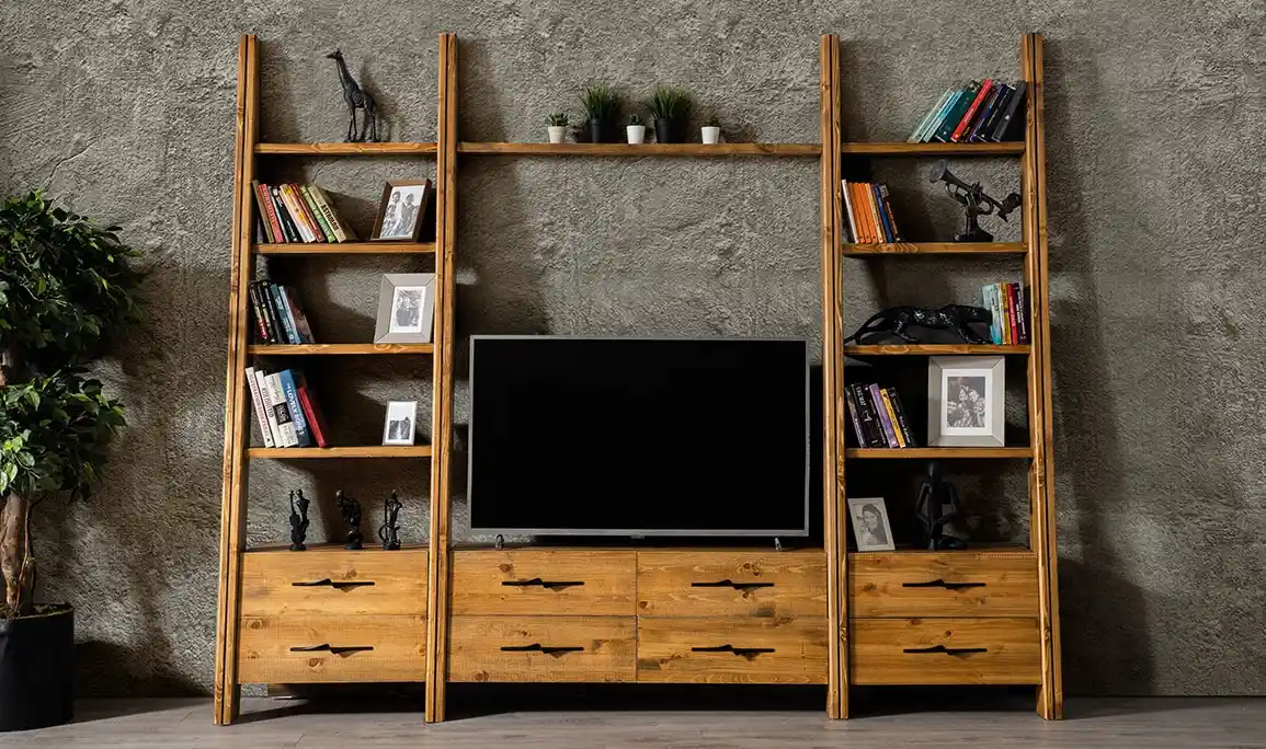 Ahşap TV Ünitesi ve Kitaplık ile Dekorasyonda Sıcak ve Şık Bir Atmosfer Yaratın