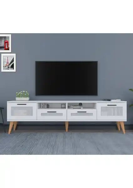 Ankara Mobilya Avanos Ahşap Ayaklı 180 cm Beyaz TV Ünitesi ile Modern ve Şık Tasarım