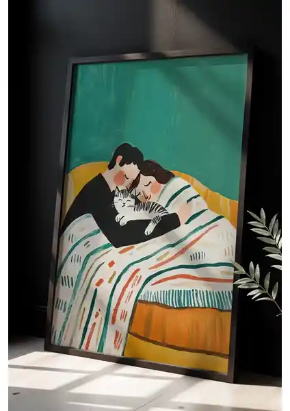 Artiera Rahat Çift ve Kedi Baskılı Ahşap Çerçeveli Duvar Tablosu İle Sıcak ve Estetik Ortamlar Yaratın