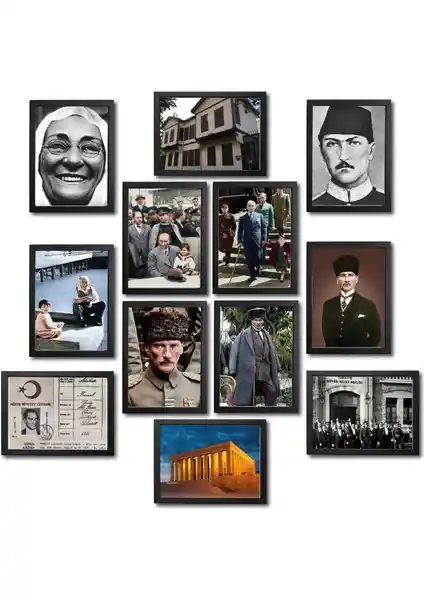 Atatürk Temalı 12'li Ahşap Tablo Seti Kültürel ve Sanatsal Dekoratif Parça