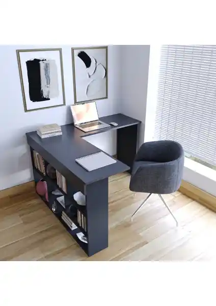 Aymobsan Pera Raflı Çalışma Masası Antrasit Renkli Modern Ofis ve Ev Ofisleri İçin