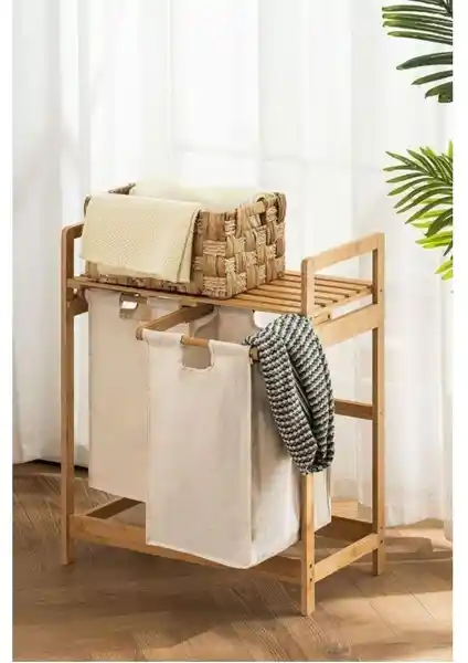 Bambu Malzemeden Üretilmiş Modern Retro Tarzı 2 Bölmeli Çamaşır Sepeti ve Banyo Düzenleyici