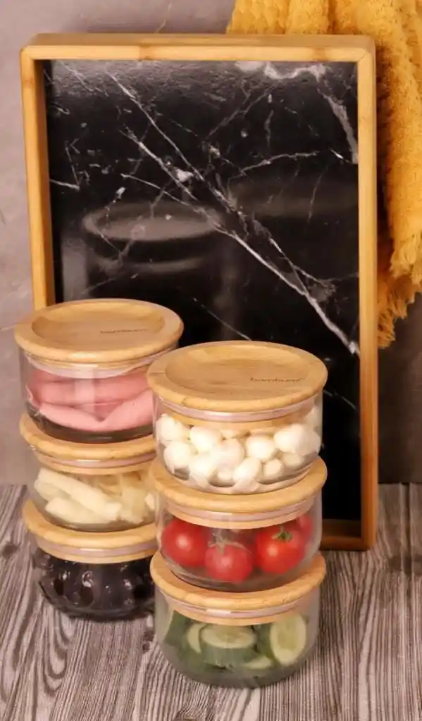 Bambum Duo 300 ml 6'lı Bambu Kapaklı Cam Kahvaltılık Seti Modern ve Sürdürülebilir Tasarım