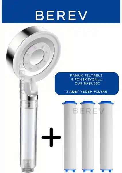 Berev Filtreli 5 Fonksiyonlu Krom Duş Başlığı: Dayanıklı ve Çok Fonksiyonlu Banyo Aksesuarı