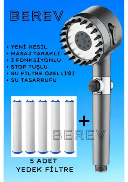 Berev Masajlı 3 Fonksiyonlu Duş Başlığı: Modern ve Ekonomik Banyo Çözümü