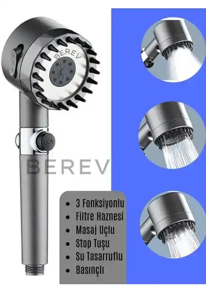 Berev Yeni Nesil Çok Fonksiyonlu Masajlı ve Filtreli Su Tasarruflu Duş Başlığı