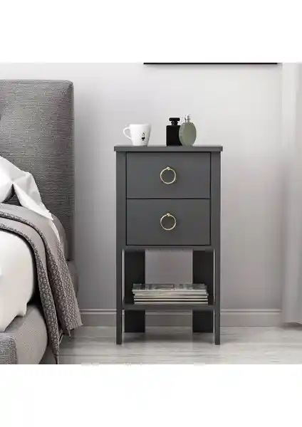 Betroya Cevheri 2 Çekmeceli Komodin Antrasit Modern Yatak Odası Dekorasyonu
