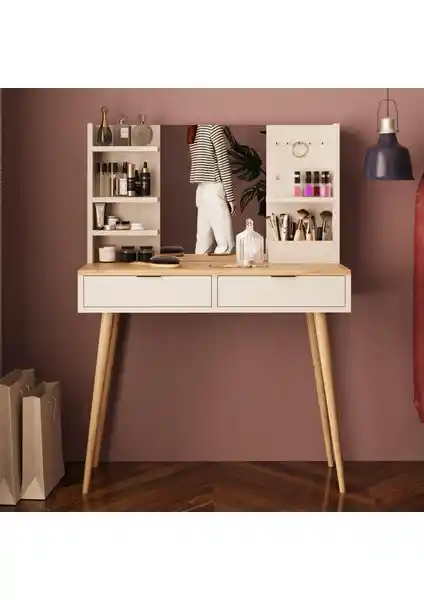 Bimossa A4060 Bella Doğal Ayaklı Aynalı Takı ve Makyaj Masası Şıklık ve İşlevsellik