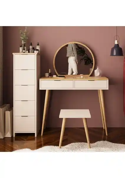 Bimossa Lucy Makyaj Masası Takımı U1060 Sepet Kumtaşı ile Şıklık ve Fonksiyonellik