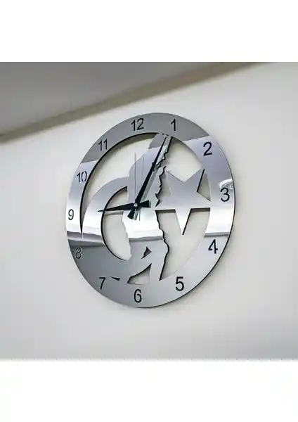 C-Tasarım Gümüş Aynalı Atatürk Portreli Dekoratif Duvar Saati 40 cm Çap