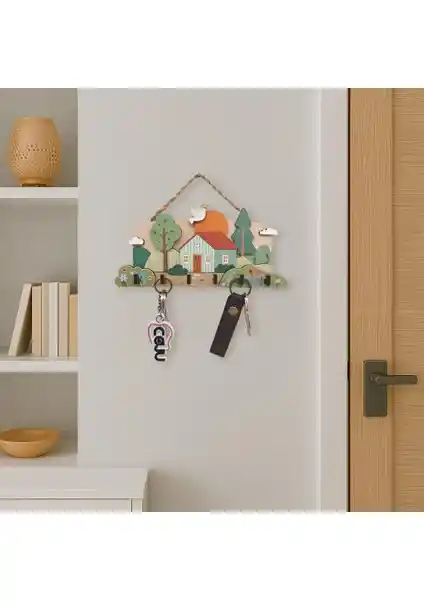 CajuArt Şirin Ahşap Köy Evi Temalı Pastel Boyutlu Anahtarlık ve Duvar Askılığı Dekoru