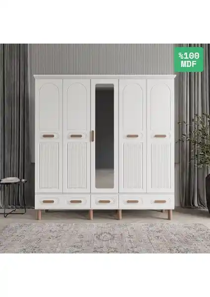 Comiet Pera 5 Kapaklı Aynalı Çekmeceli MDF Gardırop Modern ve Dayanıklı Tasarım