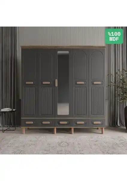 Comiet Pera 5 Kapaklı Aynalı Çekmeceli MDF Gardrop Modern ve Dayanıklı Tasarım