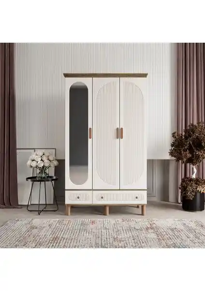 Comiet Soho 3 Kapaklı Aynalı Çekmeceli MDF Gardrop Modern ve Dayanıklı Depolama Çözümü