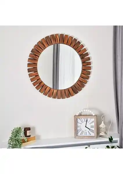 Dfn Wood Flower Ahşap Ceviz Renkli Yuvarlak Dekoratif Duvar Aynası 50x50 cm