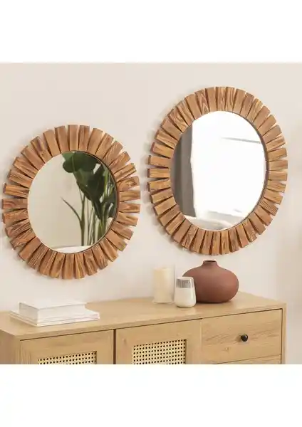 Dfn Wood Masif Ahşap 2'li Yuvarlak Dekoratif Duvar Aynası Salonda ve Banyoda Kullanım
