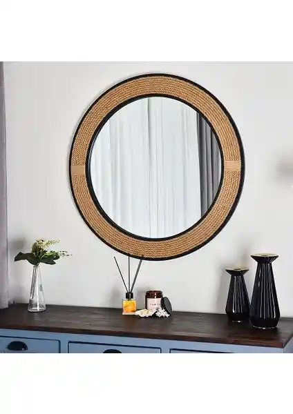 Dfn Wood Siyah Çerçeveli Jut Halatlı Yuvarlak Dekoratif Duvar Aynası