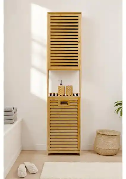 Digithome Bambu Kirli Sepetli Banyo Dolabı Modern ve Çok Amaçlı Tasarım