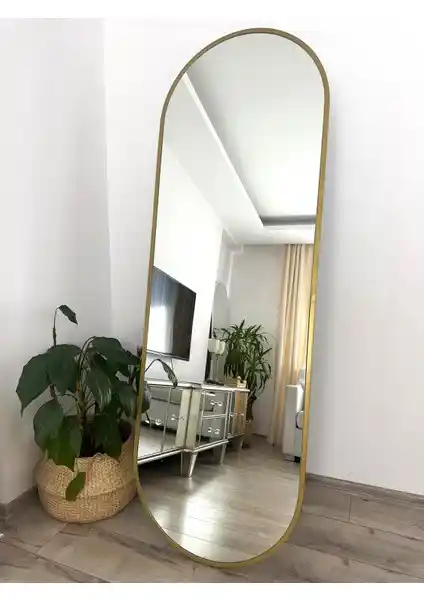 Effe Yapı Dekor Gold Metal Çerçeveli Elips Boy Aynası Modern ve Şık Dekorasyon Unsuru