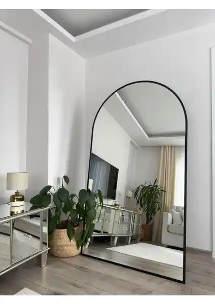 Effe Yapı Dekor Siyah Metal Çerçeveli Oval Büyük Ayaklı Ayna 180x100 cm Modern Dekorasyon