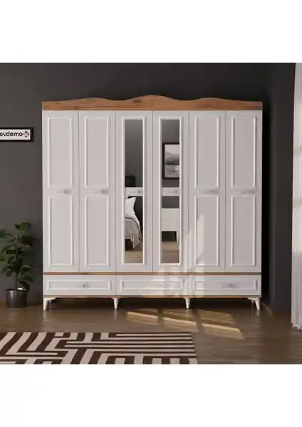 EVDEMO Luna 6 Kapaklı 3 Çekmeceli Aynalı Gardırop Atlantik Çam ile Şık ve Fonksiyonel Depolama