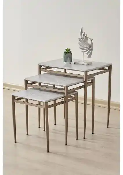 Fursimo Damrin Serisi Gri Mermer MDF 3’lü Zigon Sehpa Takımı Modern ve Şık Tasarım