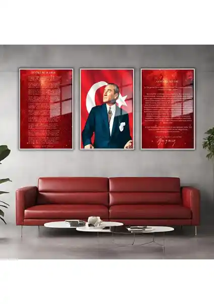 Gaagart 3'lü Metal Çerçeveli Cam Tablo Seti Atatürk, İstiklal Marşı ve Gençliğe Hitabe