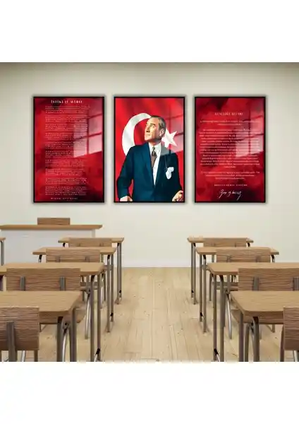 Gaagart 3'lü Metal Çerçeveli Cam Tablo Seti Atatürk ve Milli Değerler Temalı Dekorasyon
