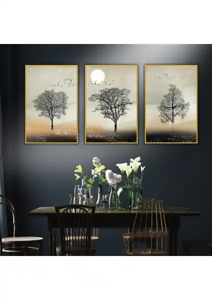 Gaagart 3'lü Metal Çerçeveli Cam Tablo Seti Günbatımı ve Ağaç Tasarımıyla Ev Dekorasyonunu Zenginleştirir