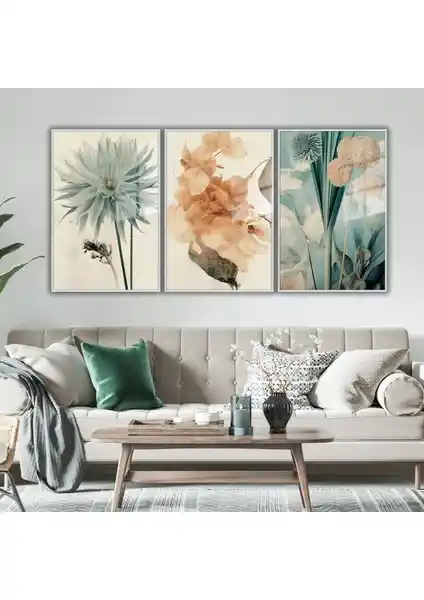 Gaagart 3’lü Metal Çerçeveli Cam Tablo Seti Boho Pastel Çiçekler ile Modern Dekorasyon