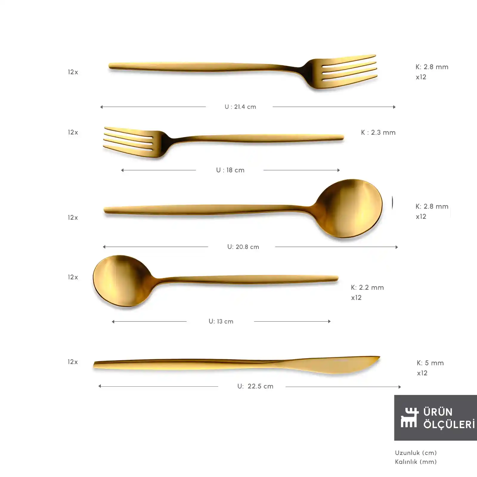 Gold Renkli 12 Kişilik Çatal Bıçak Takımıyla Sofralarınıza Zarafet Katın