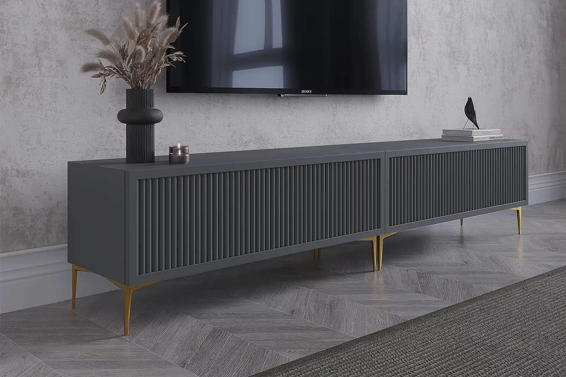 Gri Gold TV Ünitesi ile Modern ve Şık Oturma Odası Dekorasyonu Rehberi