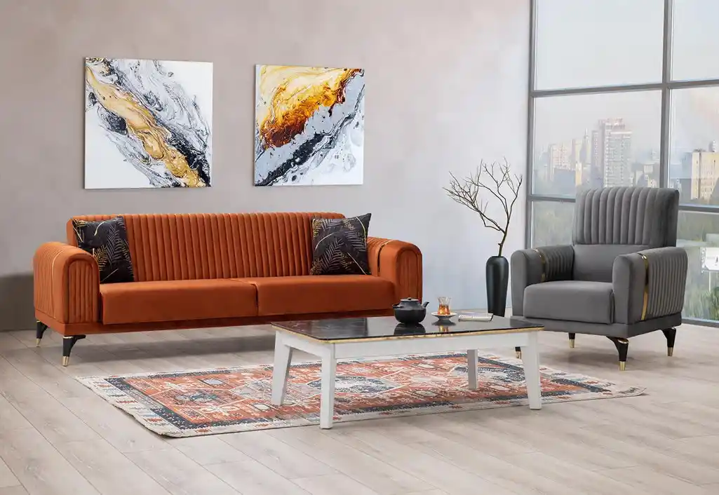 Gri Kiremit Rengi Koltuk Takımı ile Modern ve Sıcak Ev Dekorasyonu