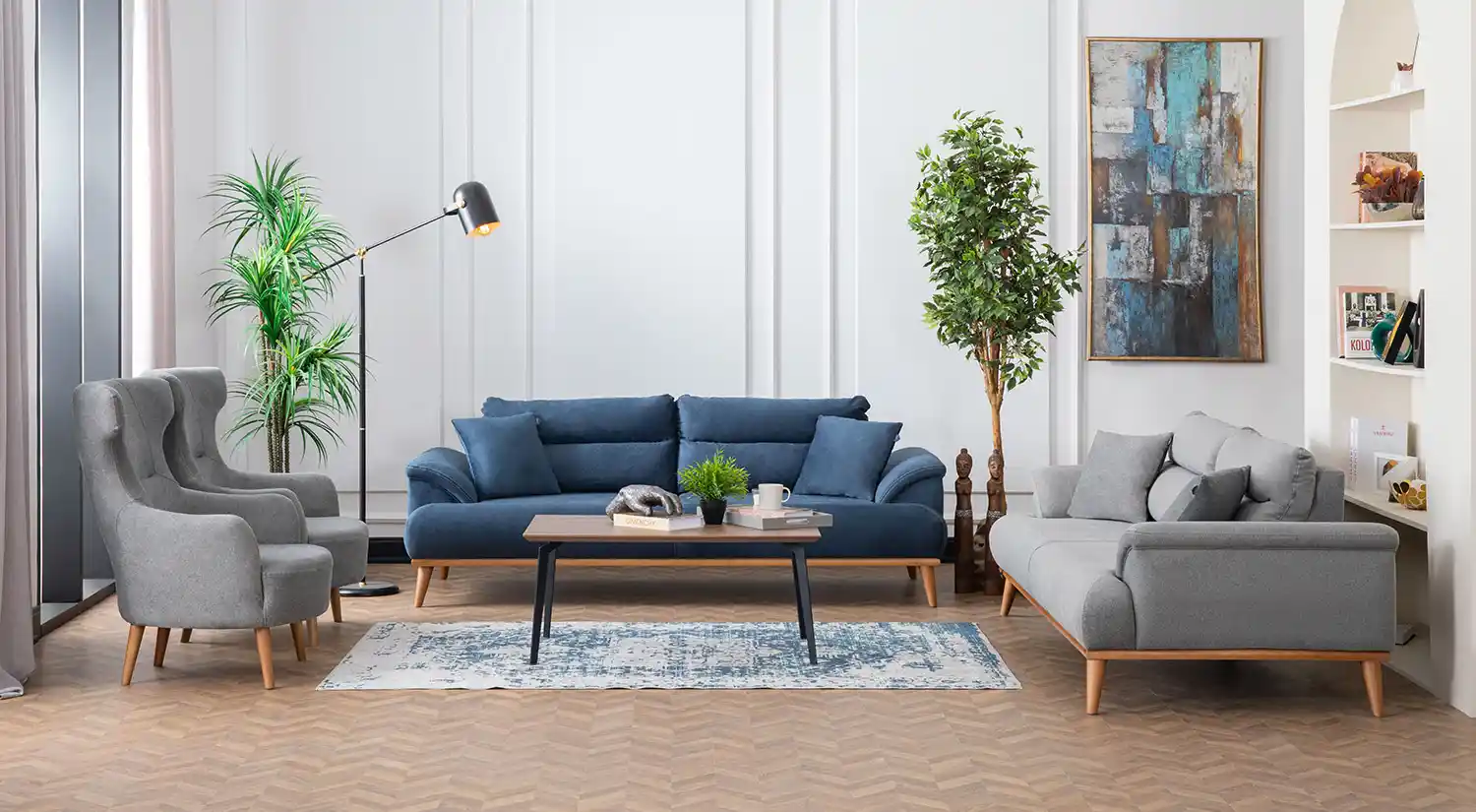 Gri Lacivert Koltuklar ile Modern ve Şık Oturma Odası Dekorasyonu İpuçları