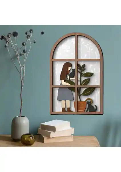 Günay Craft Tasarımlı Kedi ve Kız Figürlü El Yapımı Ahşap Duvar Tablosu