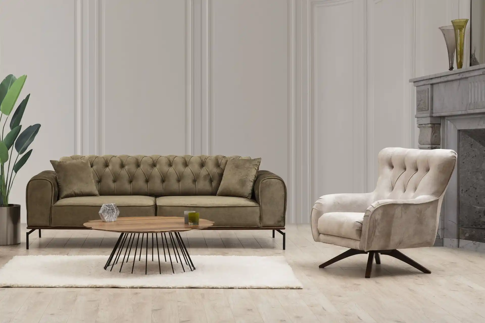 Haki Renkli Koltuk Takımıyla Modern ve Doğal Dekorasyon Fikirleri