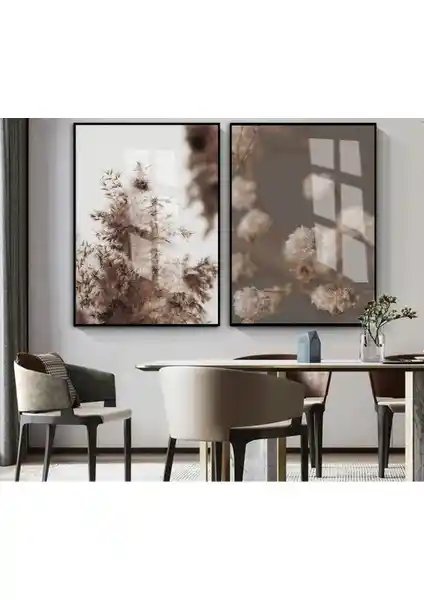 Harikabirev Kahve-Krem Bitki Temalı Cam Tablo Seti Modern Dekorasyon İçin Uygun